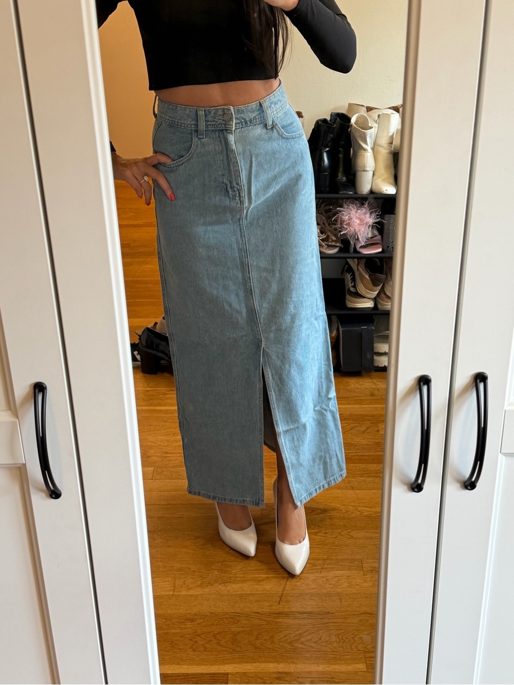 High-Waist Light Blue Denim Maxi Skirt with Front Slit